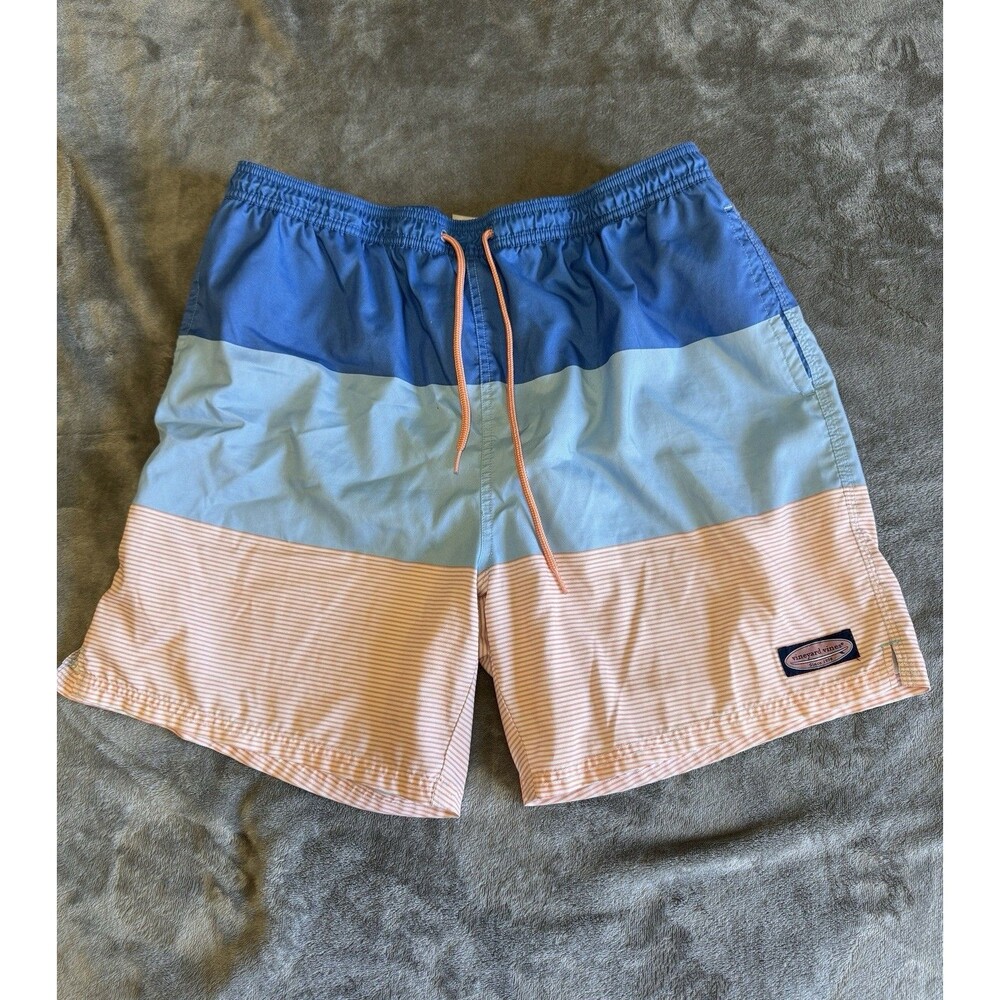Vineyard Vines Swim Trunks Men XL Blue with Salmon/White Stripes